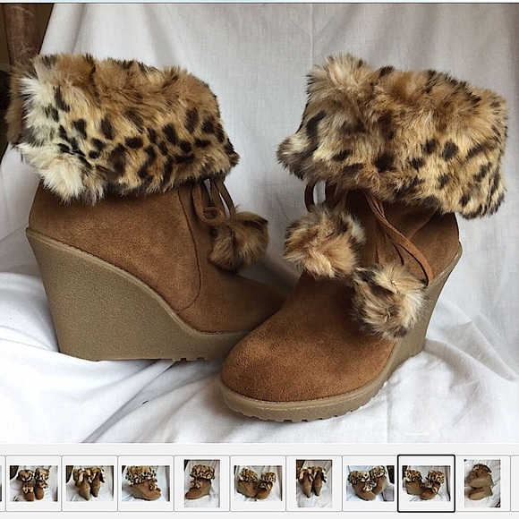 Vintage Colin Stuart LEOPARD Fur Top Booties Pom Pom Ties Wedge Heel Tan 6.5 - Picture 9 of 11